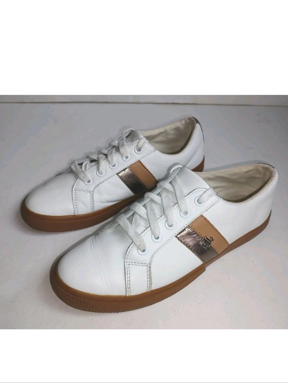 Ralph Lauren Janson II Leather Lace Up Sneakers White Logo Low Top Shoes 8.5